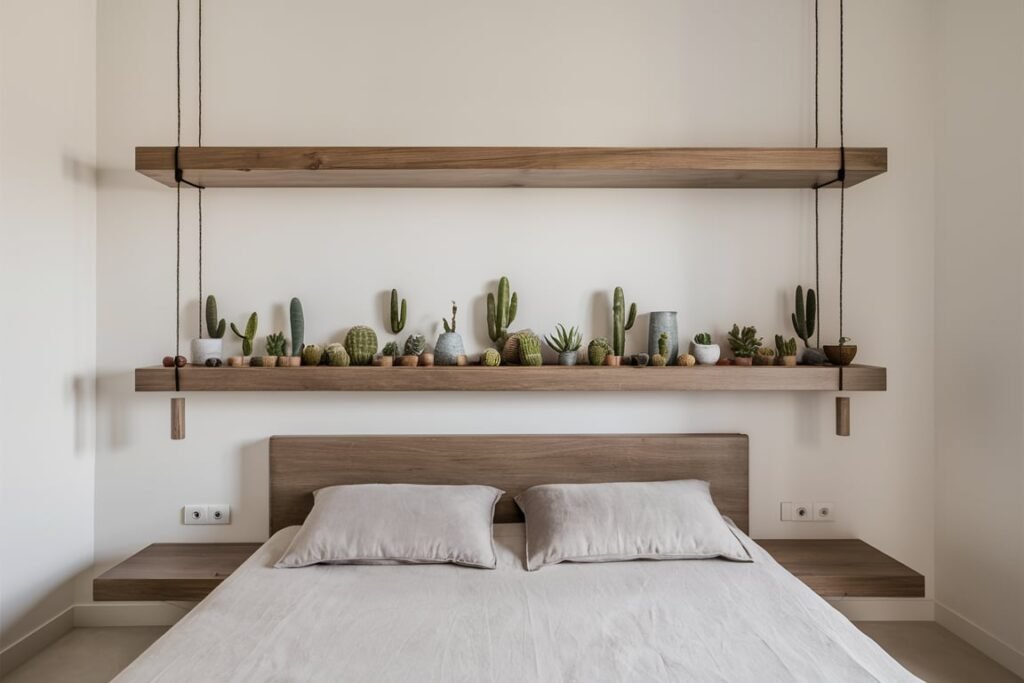 Wide Shelf Above Headboard with Cacti
