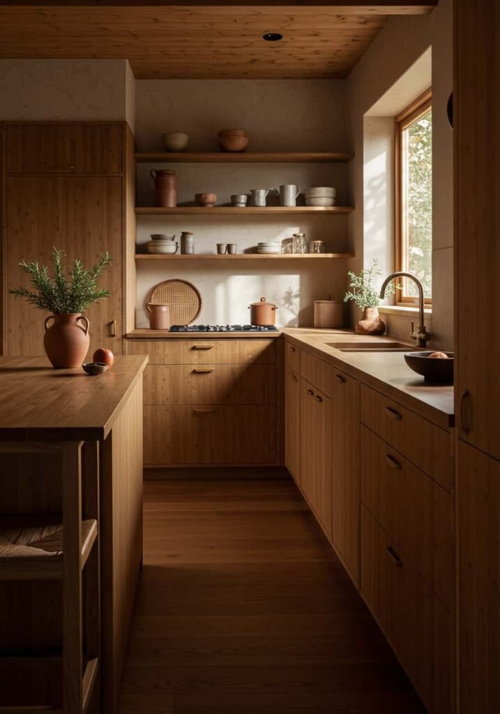 All-Wood Aesthetic Kitchen with Warm Natural Tones
