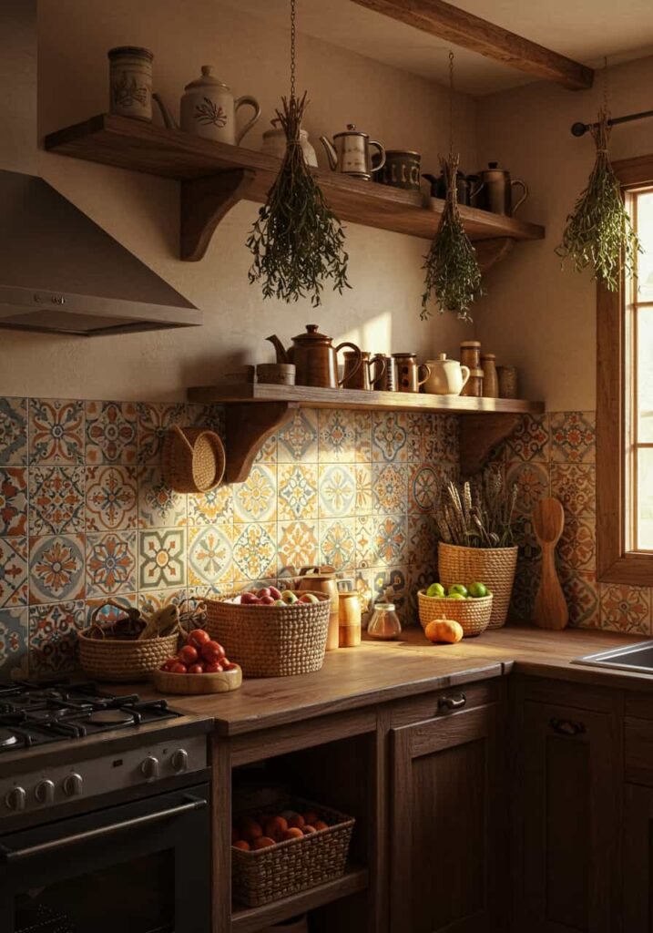 Bohemian Cozy Kitchen with Colorful Tiles and Woven Accents
