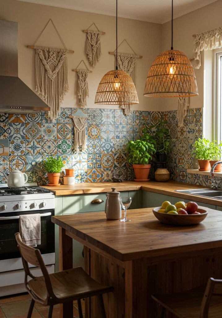 Bohemian-Inspired Kitchen with Colorful Tiles and Macrame Decor
