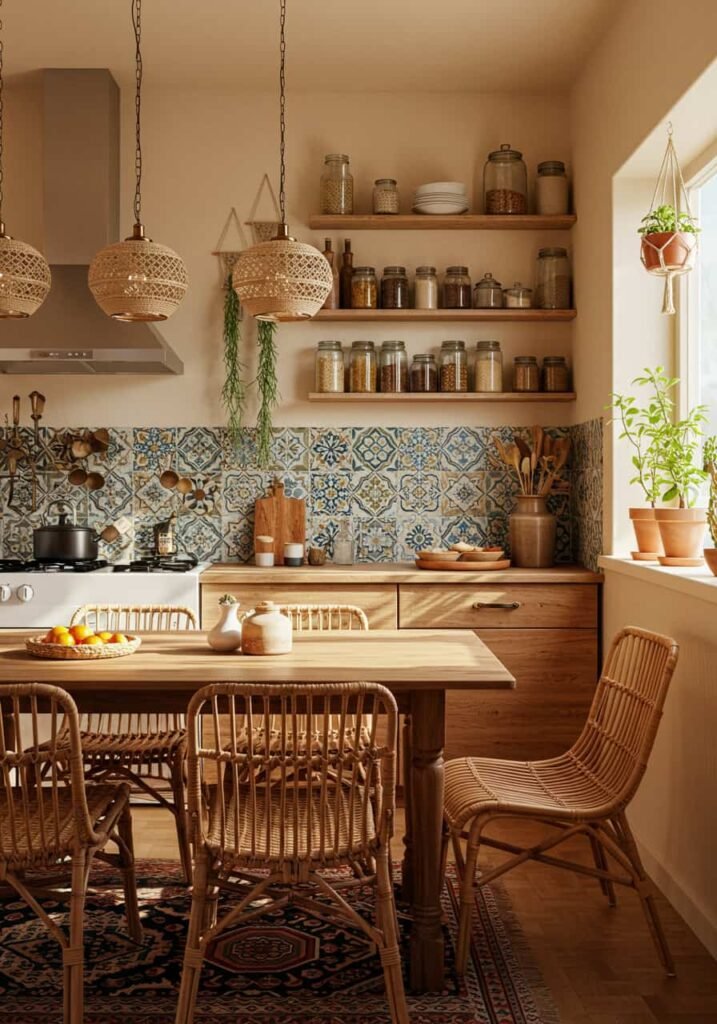 Bohemian-Style Kitchen with Rattan Decor and Moroccan Tiles
