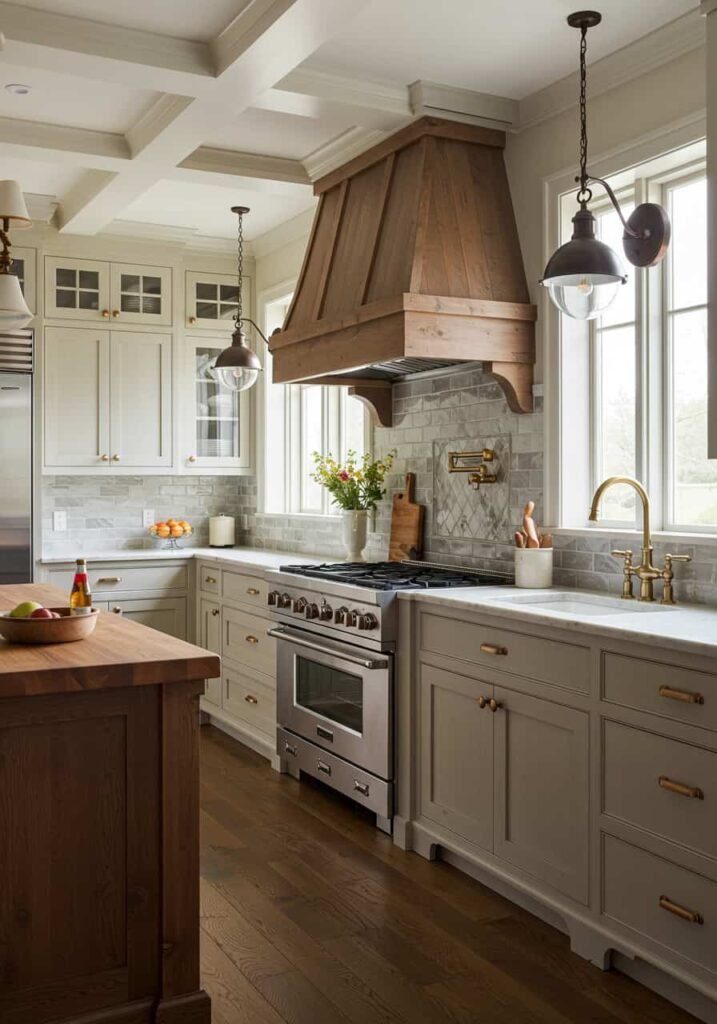 Brass Hardware and Vintage-Inspired Lighting in a Cozy Kitchen
