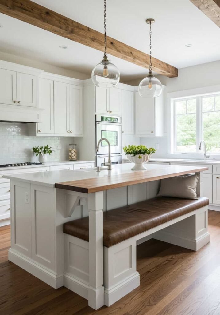 Breakfast Nook Integrated into a Contemporary Farmhouse Kitchen Island