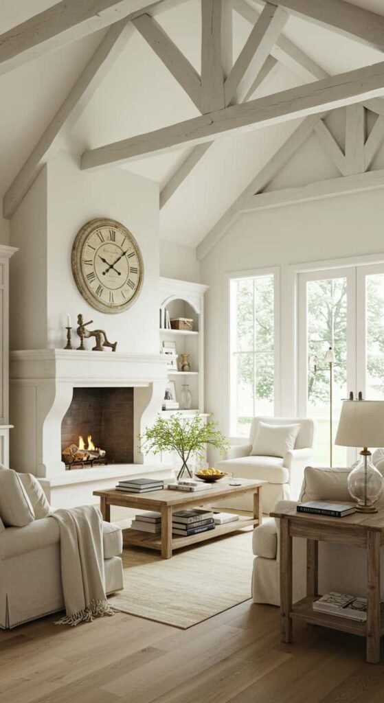 Bright French Country Living Room with Vaulted Ceilings
