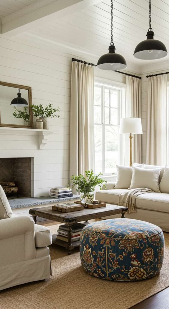 Charming French Country Living Room with Shiplap Walls
