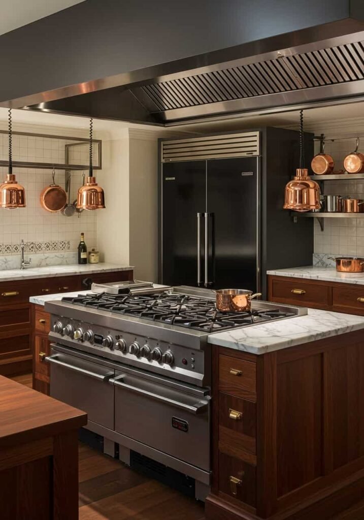 Chef’s Kitchen with Professional-Grade Appliances and Hanging Copper Pots