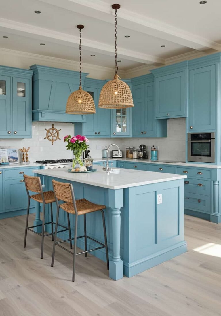 Coastal Aesthetic Kitchen with Ocean Blue Tones and Nautical Decor