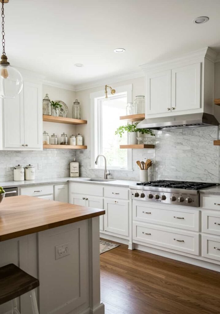 Contemporary Farmhouse Kitchen with Floating Shelves and Marble Backsplash
