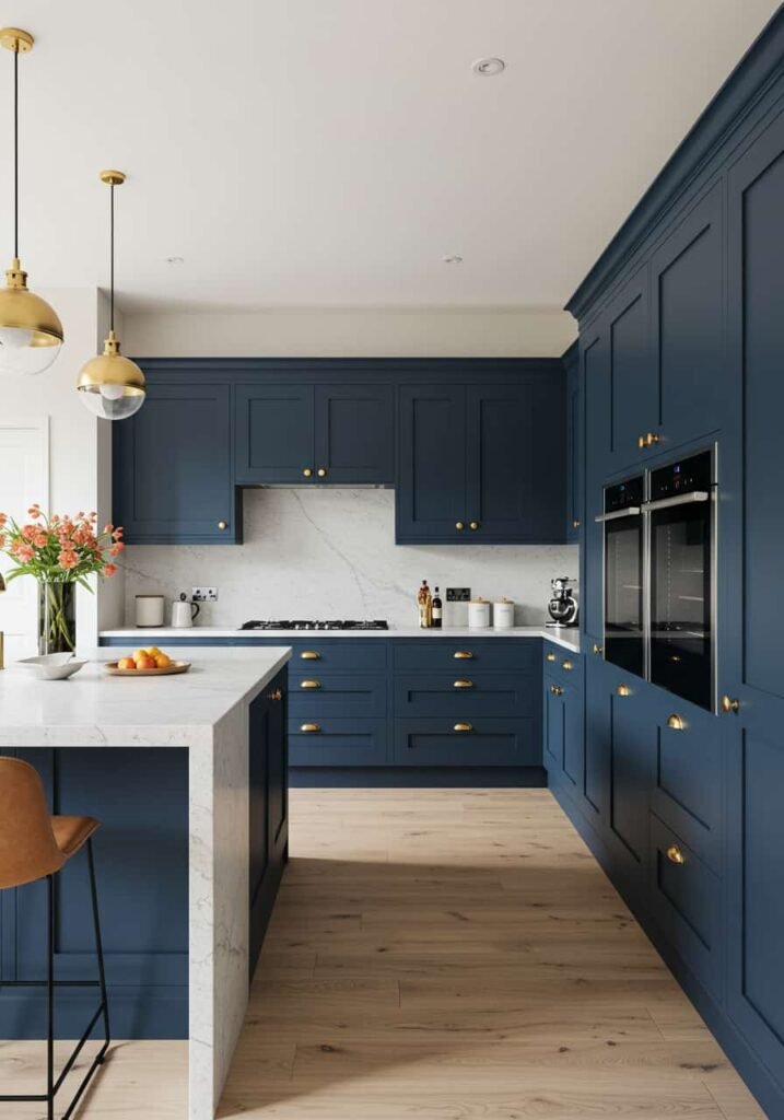 Contemporary Navy Blue Kitchen with Brass Accents
