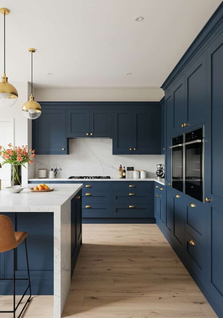 Contemporary Navy Blue Kitchen with Brass Accents