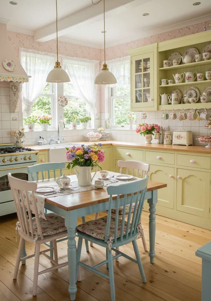 Cottage-Style Kitchen with Pastel Accents and Floral Decor