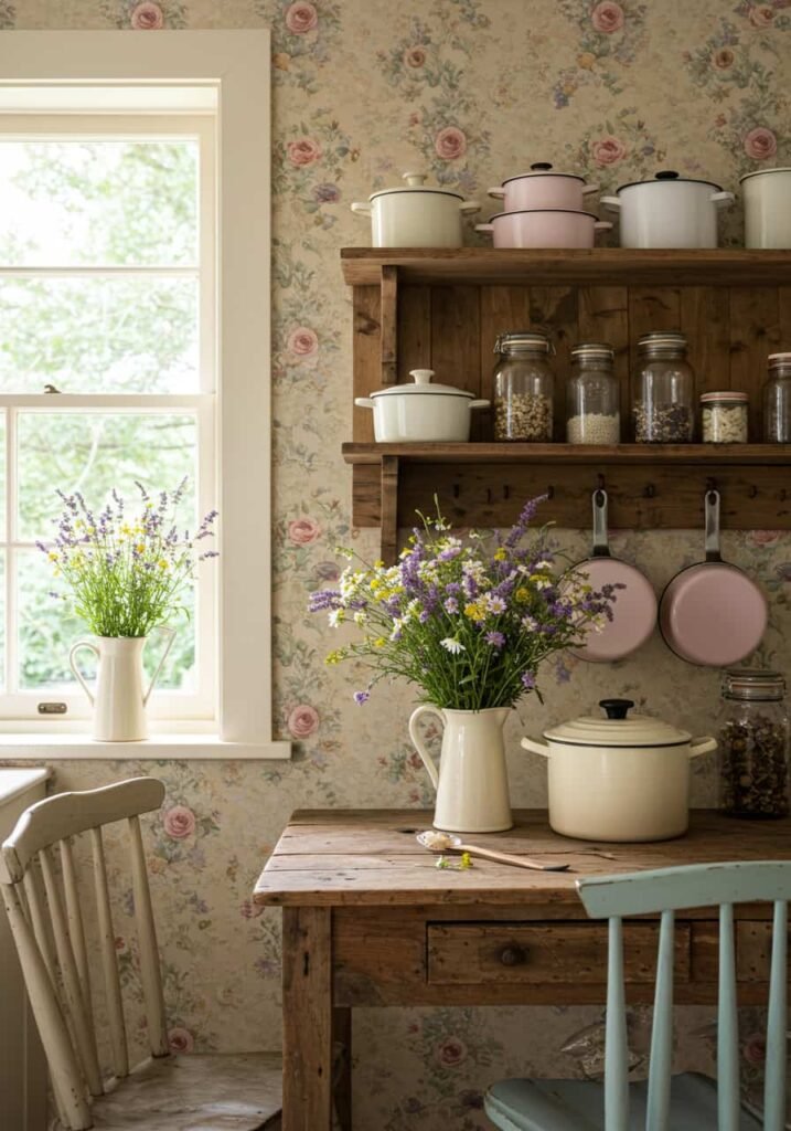Cottagecore-Style Kitchen with Floral Wallpaper and Wooden Shelving