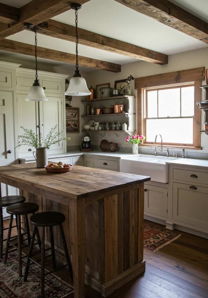 Cozy Farmhouse Kitchen with Rustic Wood and Vintage Elements