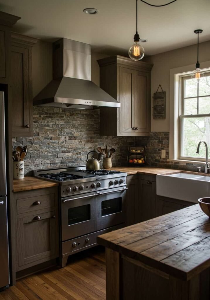 Cozy Kitchen with Reclaimed Wood and Stone Backsplash
