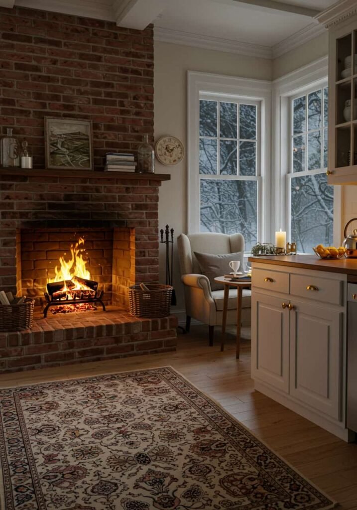 Cozy Winter Kitchen with Fireplace and Reading Nook
