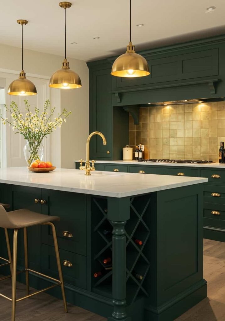 Dark Green Farmhouse Kitchen Island with Gold Accents
