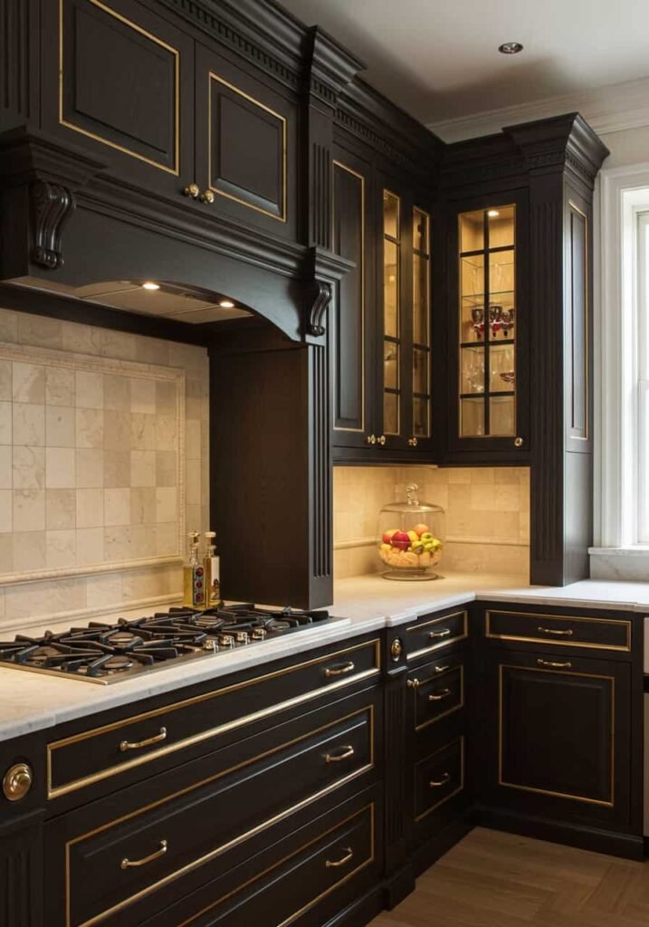 Dark Wood and Gold-Trimmed Cabinets with Polished Quartz Countertops
