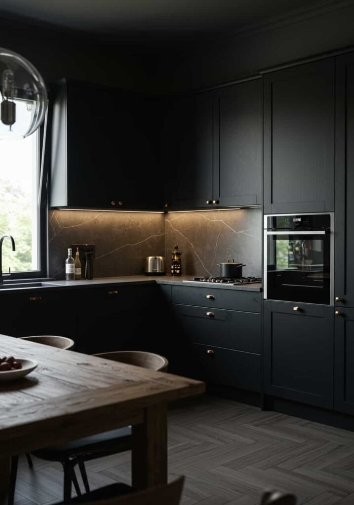 Dark and Moody Luxury Kitchen with Matte Black Cabinetry and Quartz Countertops
