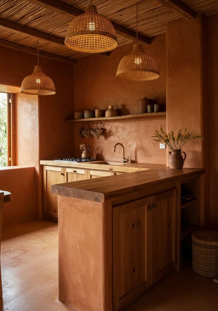 Earthy Kitchen with Terracotta Walls and Rattan Lighting
