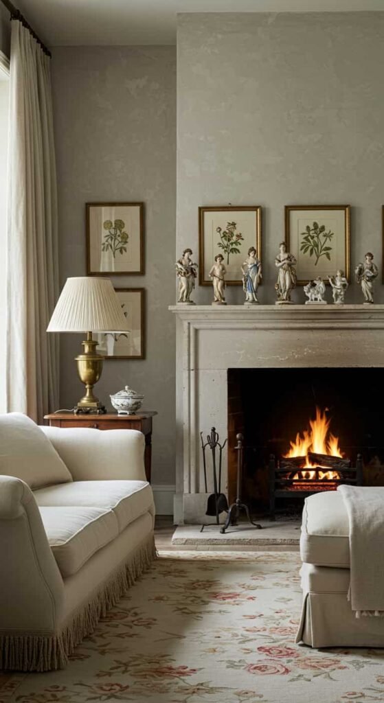 Elegant French Country Living Room with Whitewashed Walls
