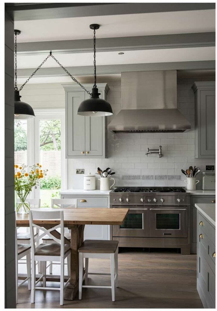 Elegant Gray and White Farmhouse Kitchen with Shiplap Walls
