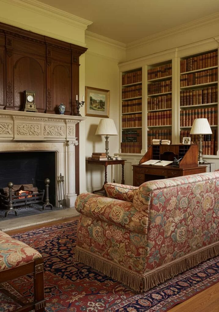 English-Style Living Room with Bookshelves
