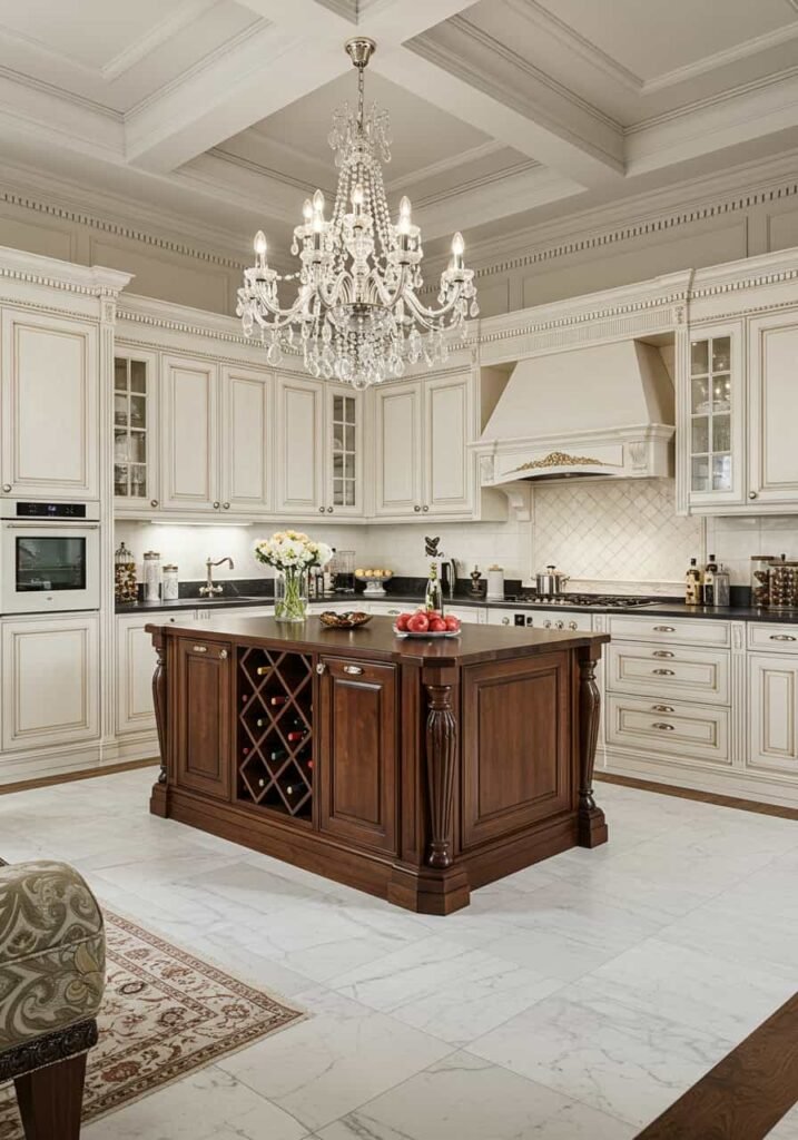 European-Inspired Grand Kitchen with Intricate Moldings