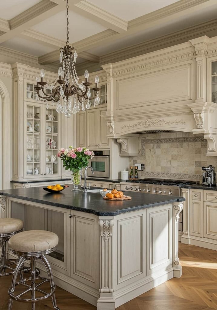 European-Inspired Grand Kitchen with Moldings and Chandeliers
