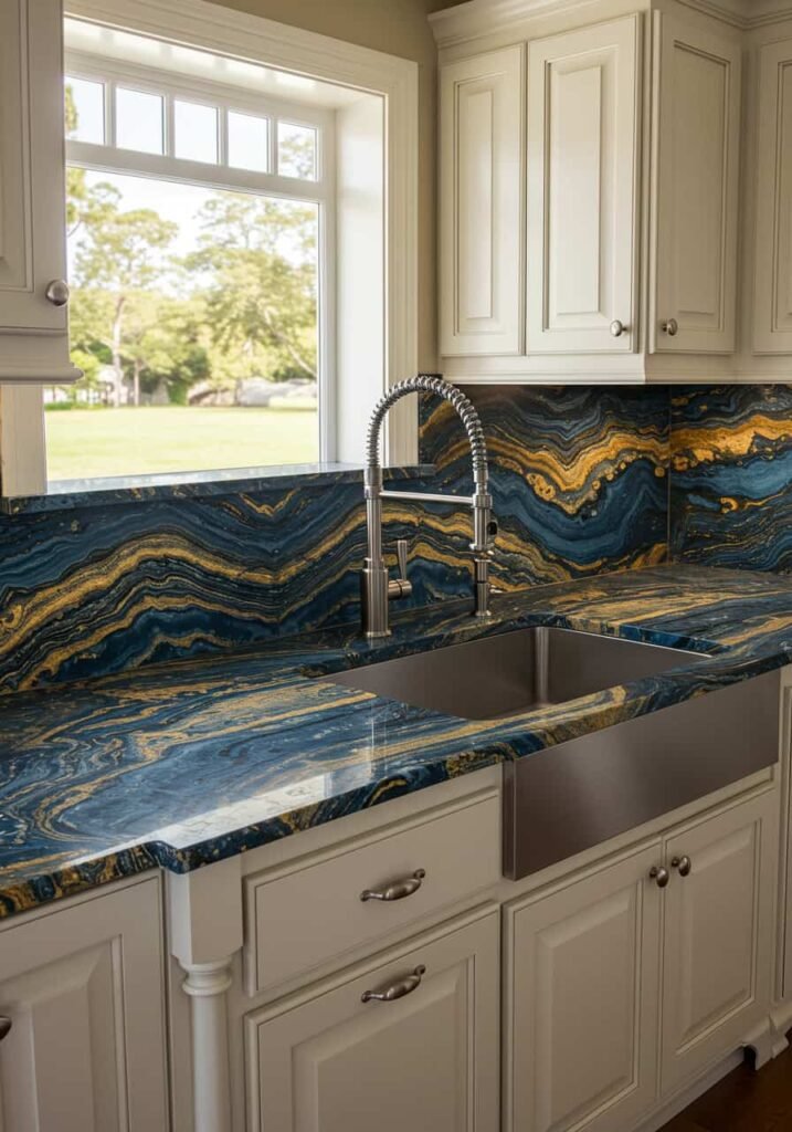  Exotic Granite Countertops and Backsplash with Dramatic Veining