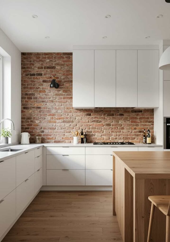 Exposed Brick Backsplash in a Contemporary Farmhouse Kitchen