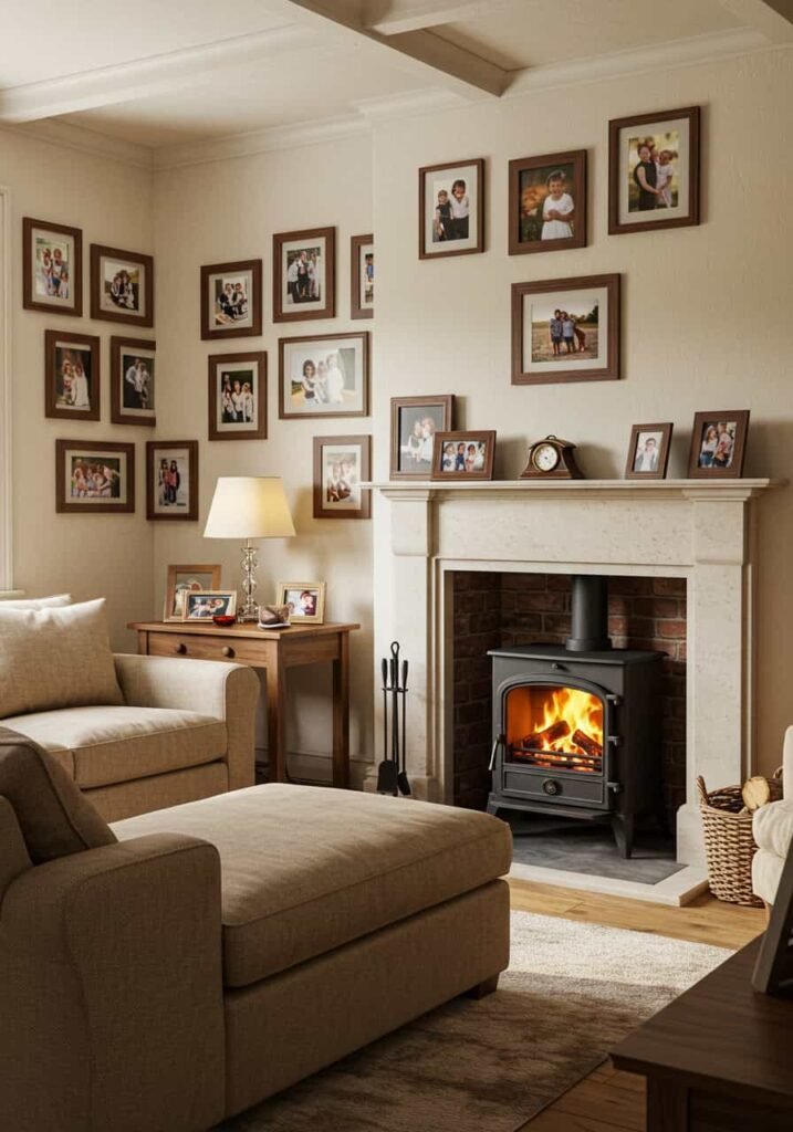 Family Living Room with a Brick Fireplace
