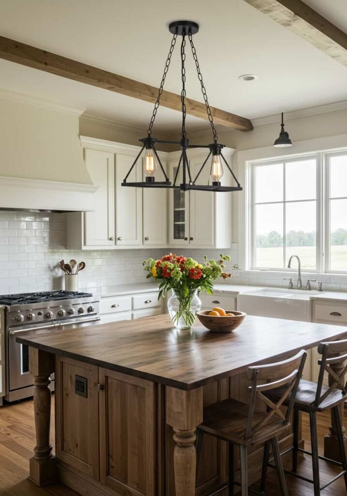 Farmhouse Kitchen with Statement Pendant Lighting
