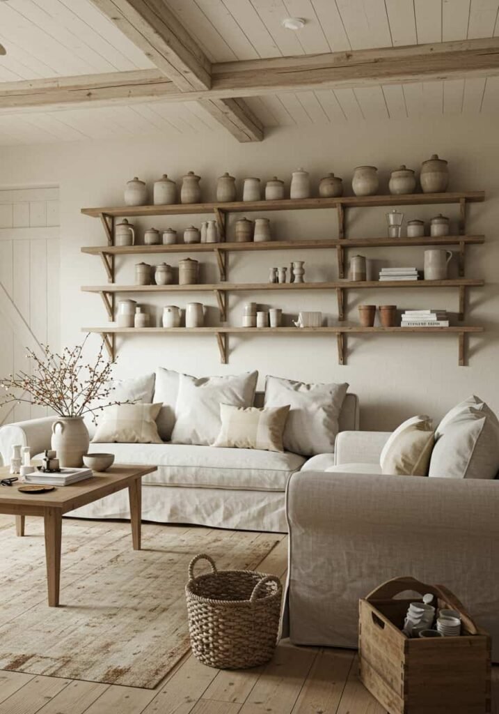  Farmhouse Living Room with Open Shelving
