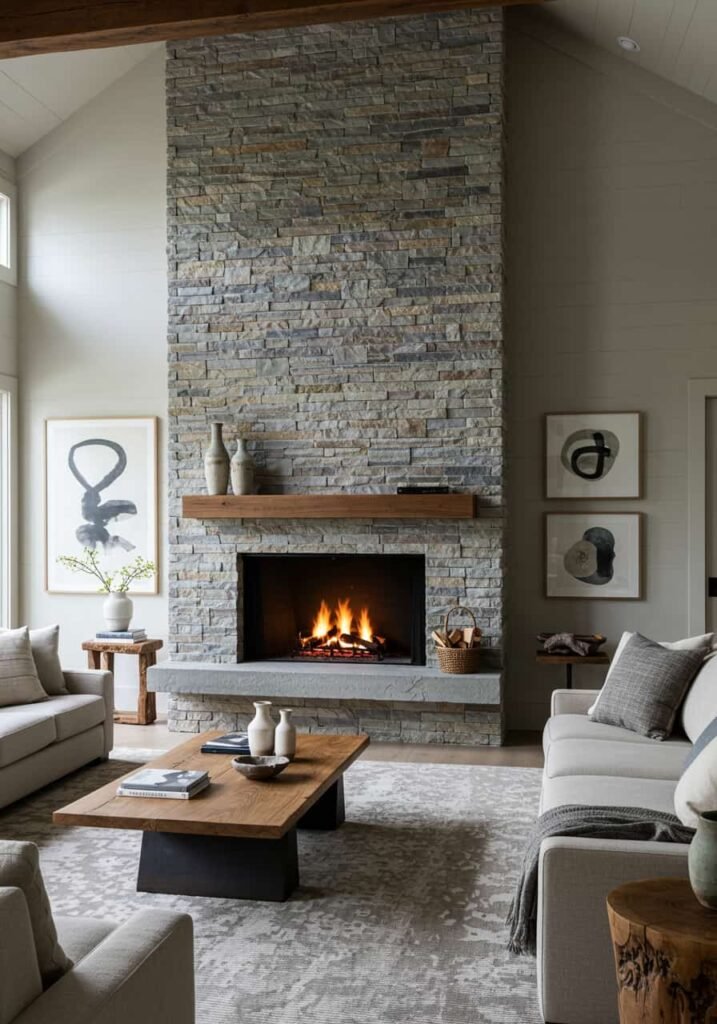 Farmhouse Living Room with Sleek Fireplace
