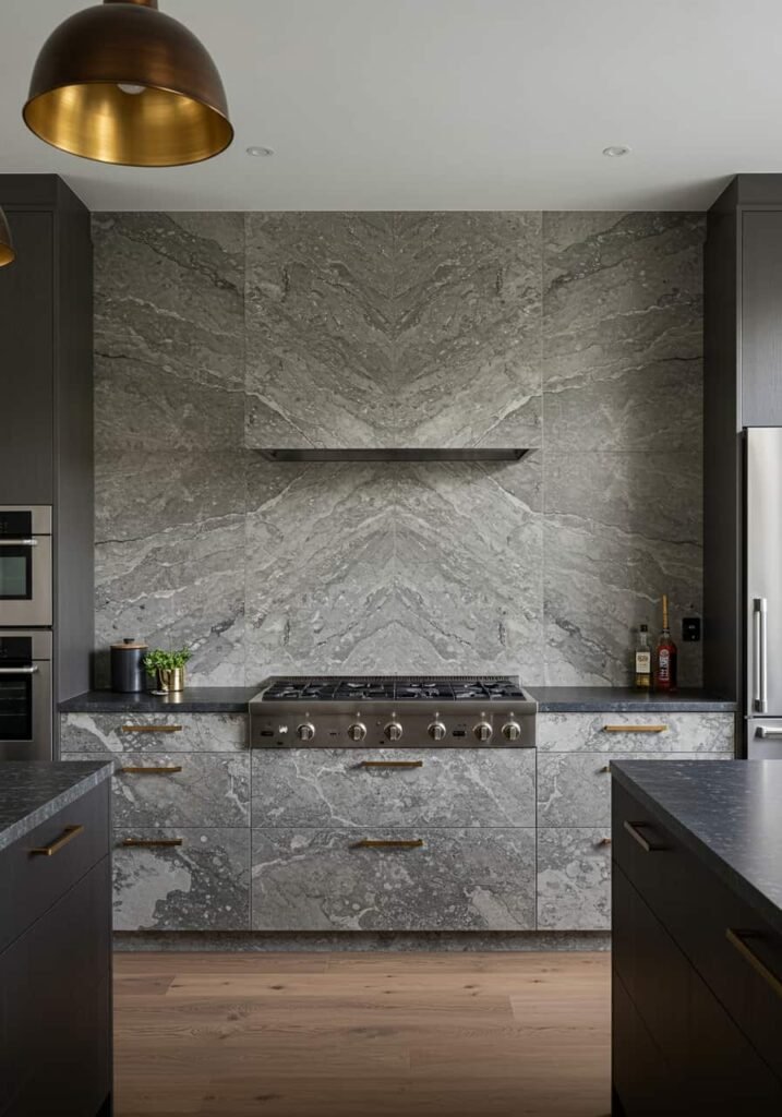 Floor-to-Ceiling Stone Slab Backsplash for an Opulent Look
