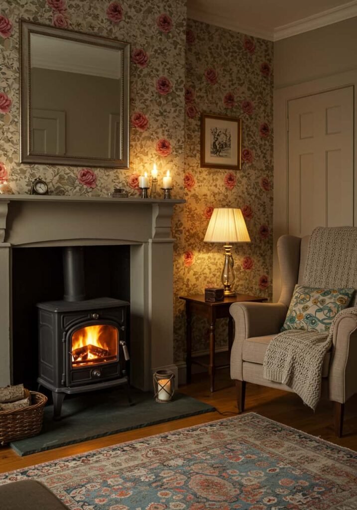 Floral Wallpaper and Cast Iron Fireplace
