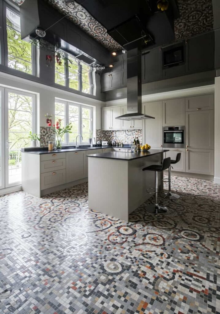 Geometric Patterned Tile Flooring with a High-Gloss Reflective Ceiling
