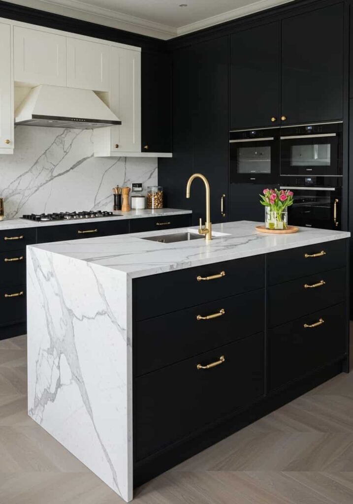  Glossy Black and Gold Kitchen Cabinets with a White Marble Waterfall Island
