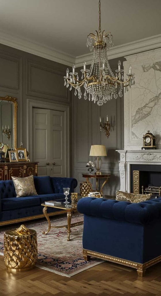 Grand Formal Living Room with Velvet and Crystal Accents
