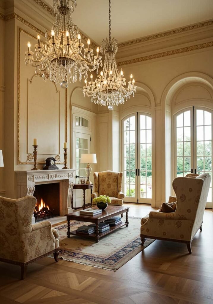 Grand Living Room with Crystal Chandelier
