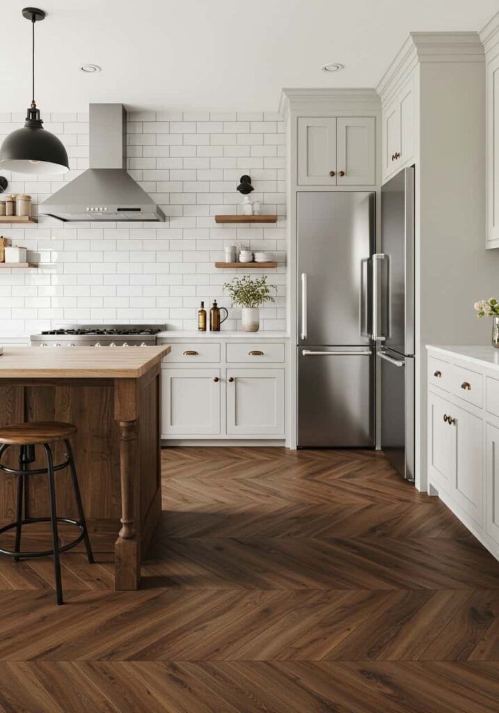 Herringbone Wood Flooring in a Farmhouse Kitchen
