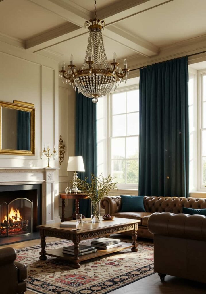 High Ceilings with Tall Drapes and Chandeliers
