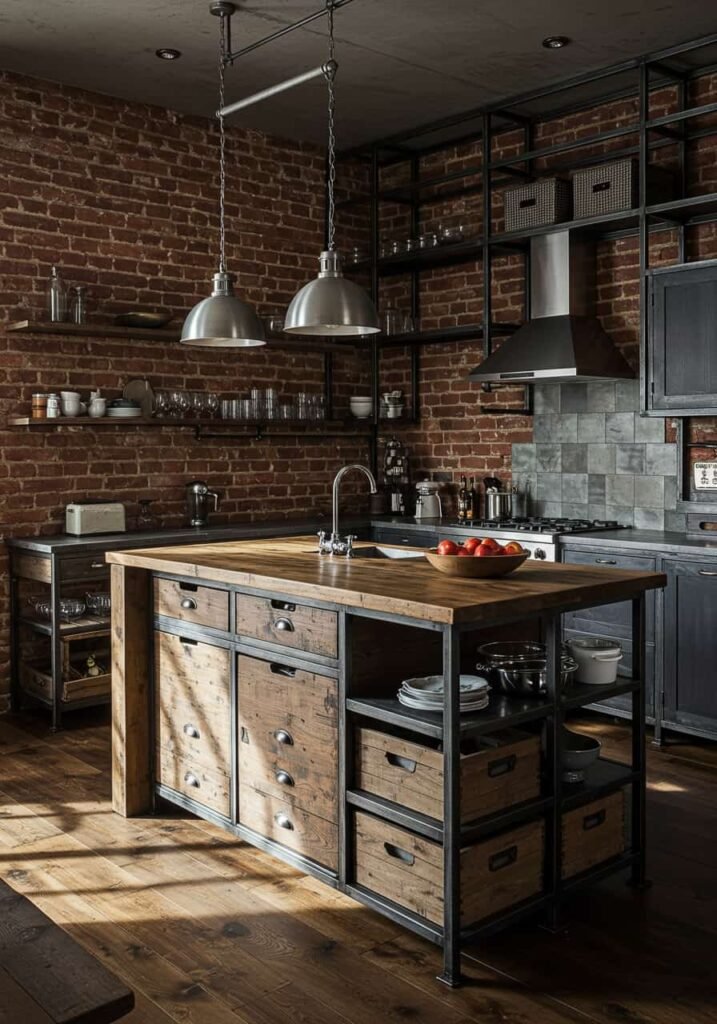  Industrial-Chic Kitchen with Exposed Brick Walls and Steel Shelving
