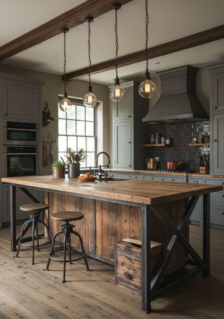 Industrial Farmhouse Kitchen Island with Metal and Wood Accents
