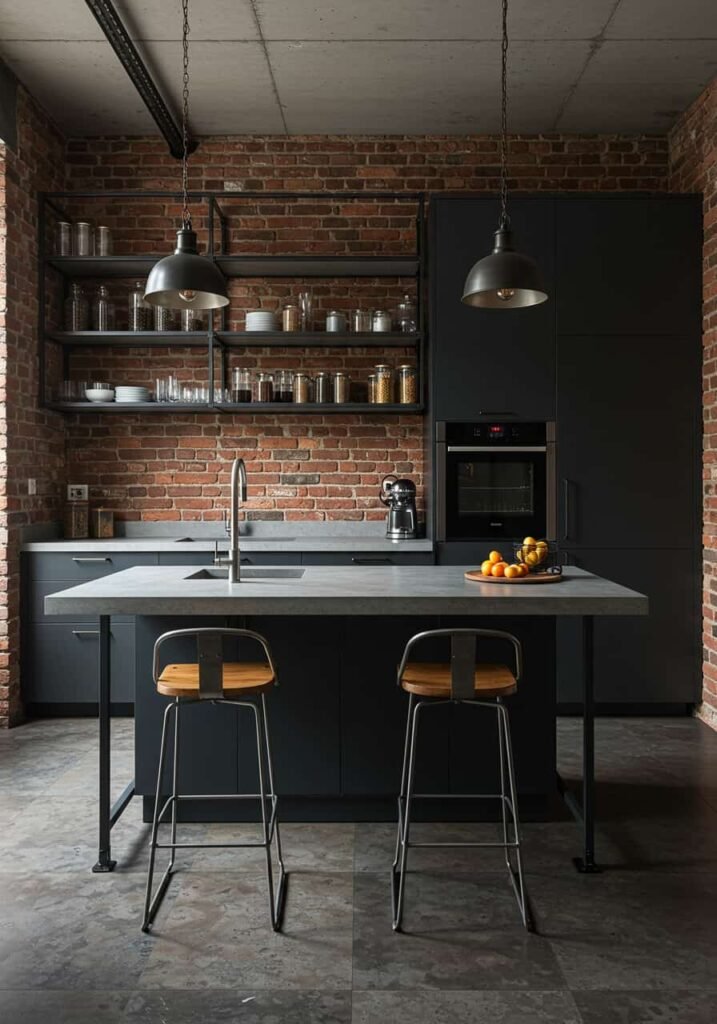 Industrial Luxury Kitchen with Metal and Concrete Accents
