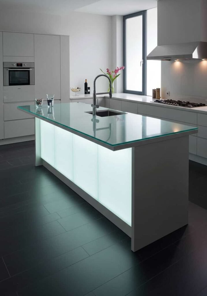 LED-Lit Kitchen Island with a Glass Countertop for a Futuristic Look