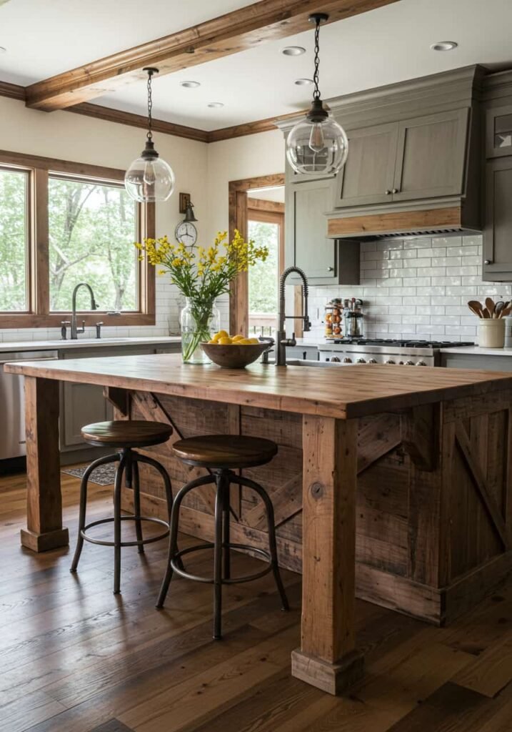 Large Farmhouse Kitchen Island with Butcher Block Countertop
