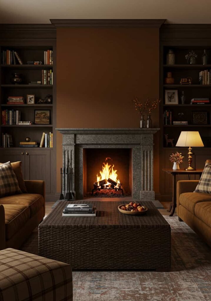  Living Room with Built-In Bookcases and Plaid Accents
