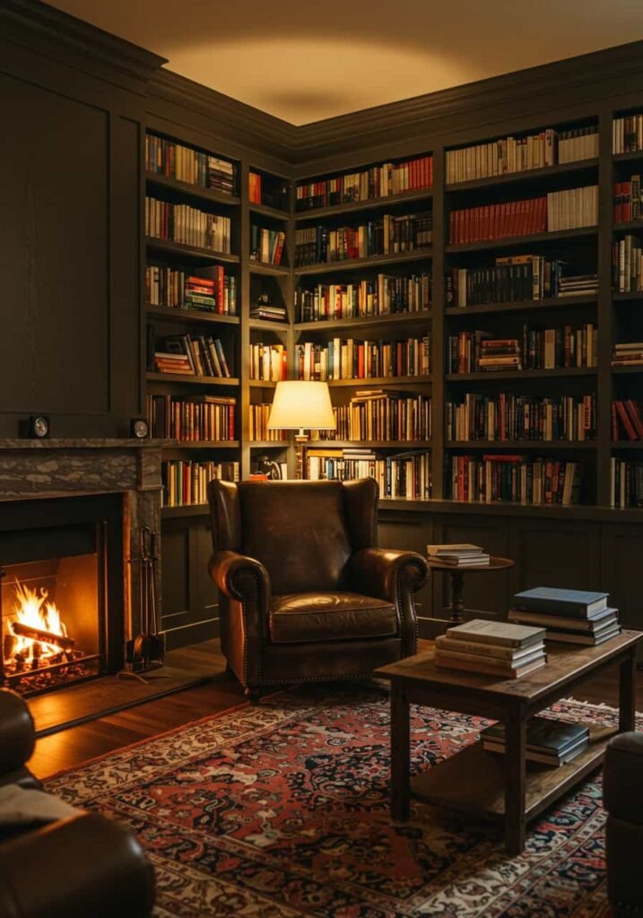 Living Room with Floor-to-Ceiling Bookshelves
