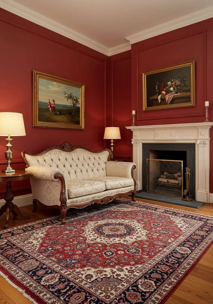 Living Room with Rich Red Walls and Classic Decor
